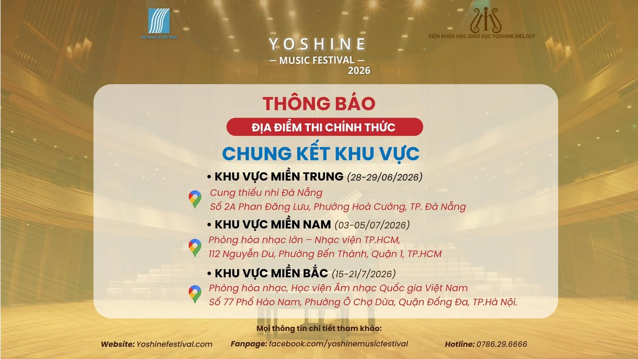 📍 THÔNG BÁO ĐỊA ĐIỂM THI CHÍNH THỨC – CHUNG KẾT KHU VỰC YOSHINE MUSIC FESTIVAL TOÀN QUỐC 2026