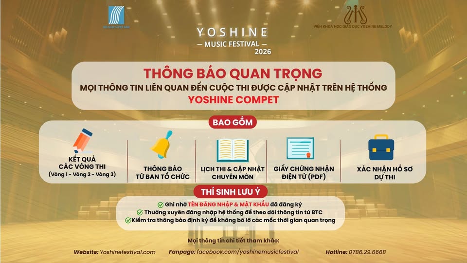 THÔNG BÁO QUAN TRỌNG ĐẾN THÍ SINH YOSHINE MUSIC FESTIVAL TOÀN QUỐC 2026